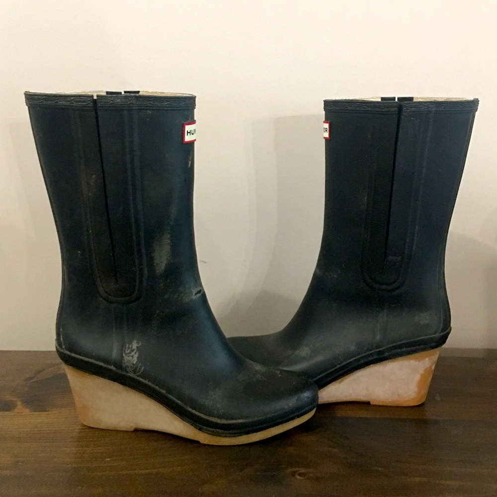 Black Wedge Heel Jessica Hunter Rain Boots Sz 8/9